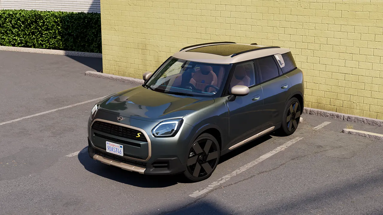 Videoclip care prezintă în detaliu interiorul și exteriorul unui MINI Countryman Camera de filmat se deplasează peste panoul de bord, evidențiind elementele de design.