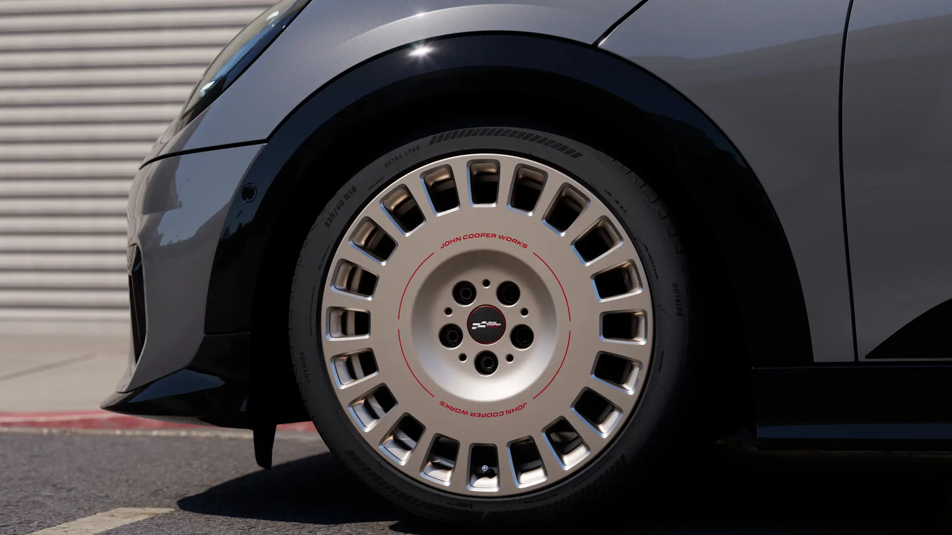 Jante MINI JCW din aliaj Rallye Spoke de 18“, tip 992, argintiu Vibrant, set complet de roţi pentru vară.