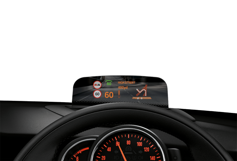 Imagine partială cu volanul unui MINI şi sistemul MINI Head-Up Display